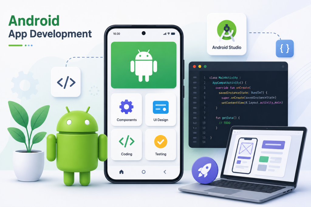 Android app development illustration showing smartphone, tablet, coding interface, and Android icons by Scrupulous Technology.