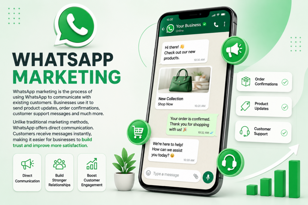 WhatsApp marketing illustration showing business messaging, customer support, instant notifications, and engagement by Scrupulous Technology.