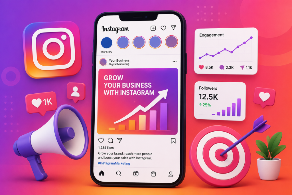 Instagram marketing illustration showing social media posts, Stories, Reels, messaging, and business growth concepts by Scrupulous Technology.