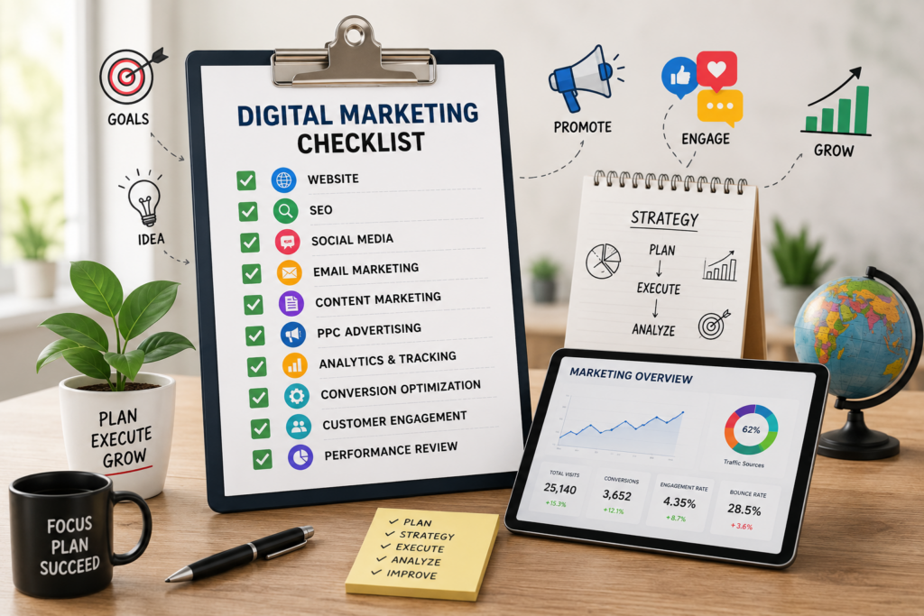 Digital marketing checklist illustration showing SEO, social media, website, email marketing, analytics and online growth strategy by Scrupulous Technology for businesses.