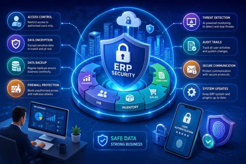 ERP security dashboard with digital shield, encrypted business data, cybersecurity icons and secure network, protecting enterprise systems by Scrupulous Technology.