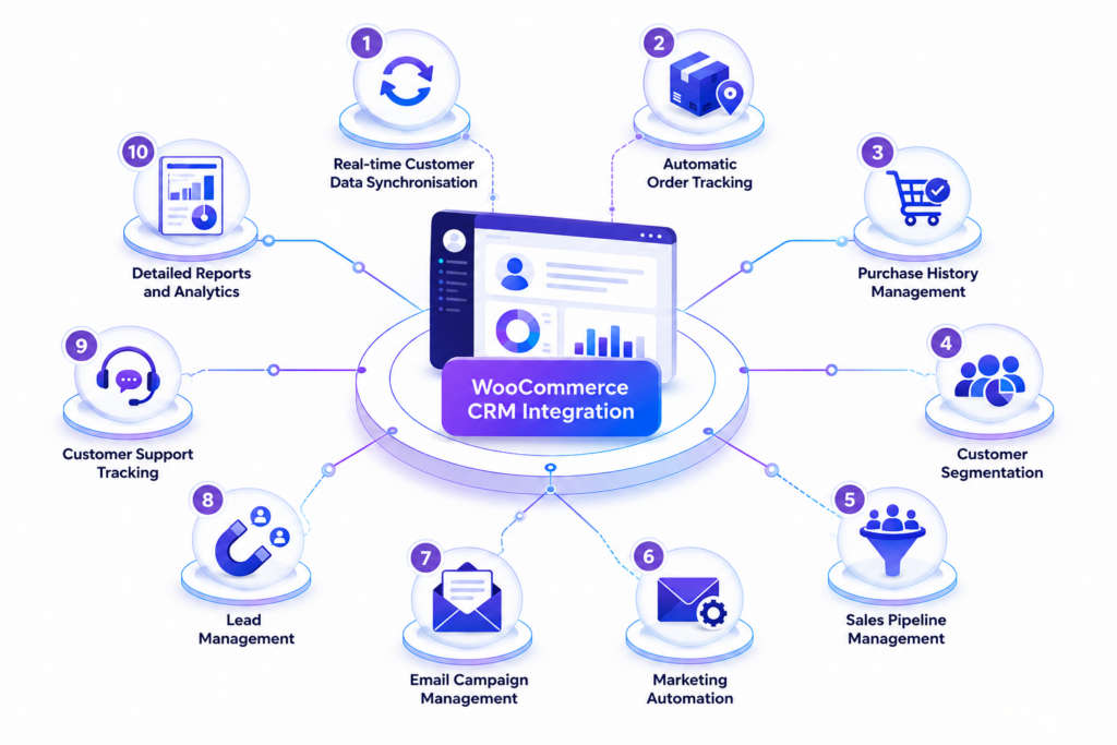 WooCommerce CRM integration dashboard showing customer data sync, order tracking, marketing automation, analytics, and sales management by Scrupulous Technology.