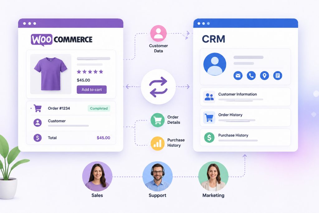 WooCommerce CRM integration dashboard showing customer data sync, order tracking, marketing automation, analytics, and sales management by Scrupulous Technology.