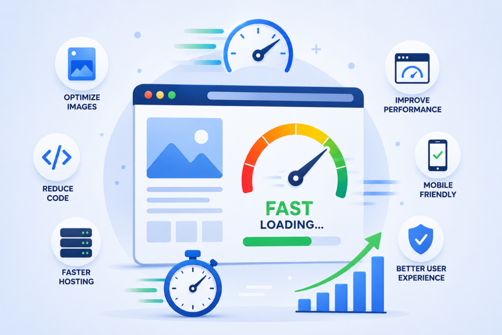 Website speed optimization illustration showing fast loading, performance improvements, SEO benefits and web optimization by Scrupulous Technology.
