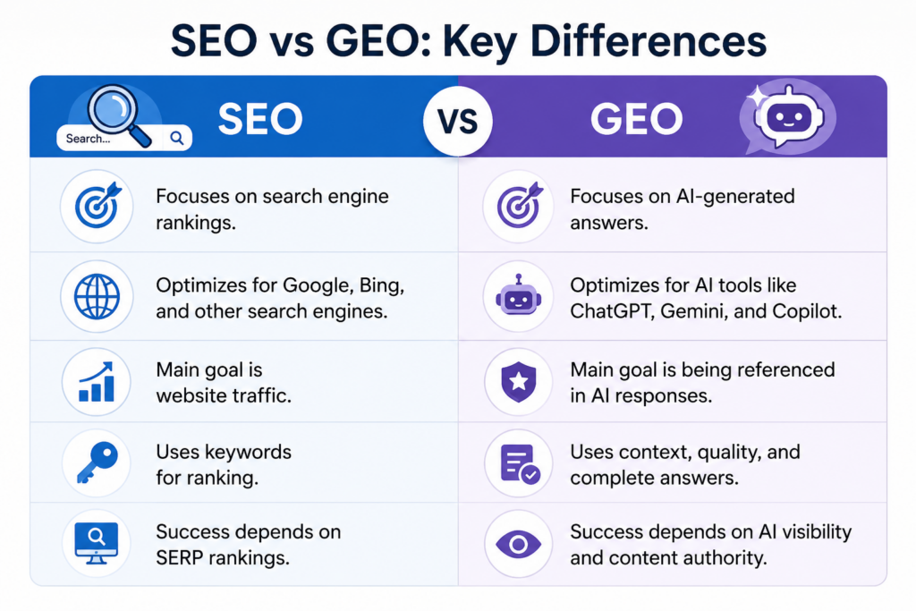 Learn the key differences between SEO and GEO with Scrupulous Technology and discover how AI search is changing the future of online visibility.