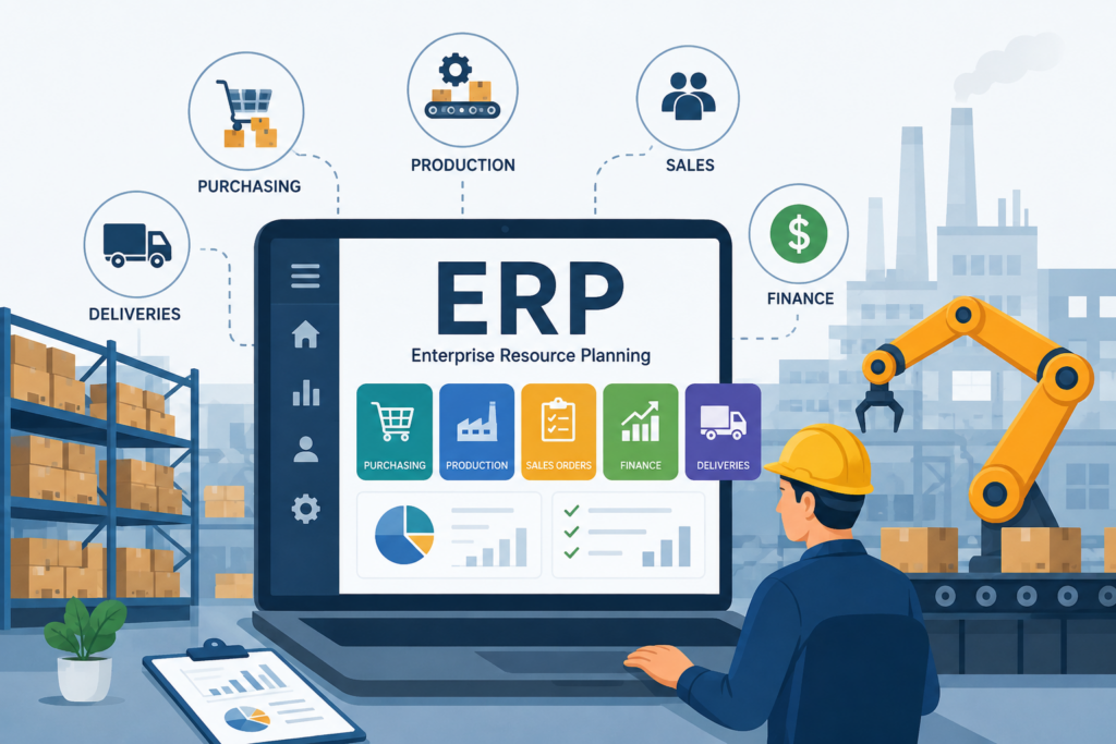 Scrupulous Technology ERP software for manufacturing companies connecting production, inventory, sales, finance, purchasing, and delivery processes in one system.
