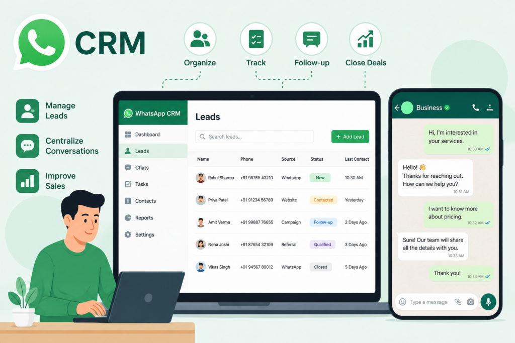 WhatsApp CRM by Scrupulous Technology helps businesses organize customer conversations, lead details, contact information, and follow-ups in one easy-to-manage system.