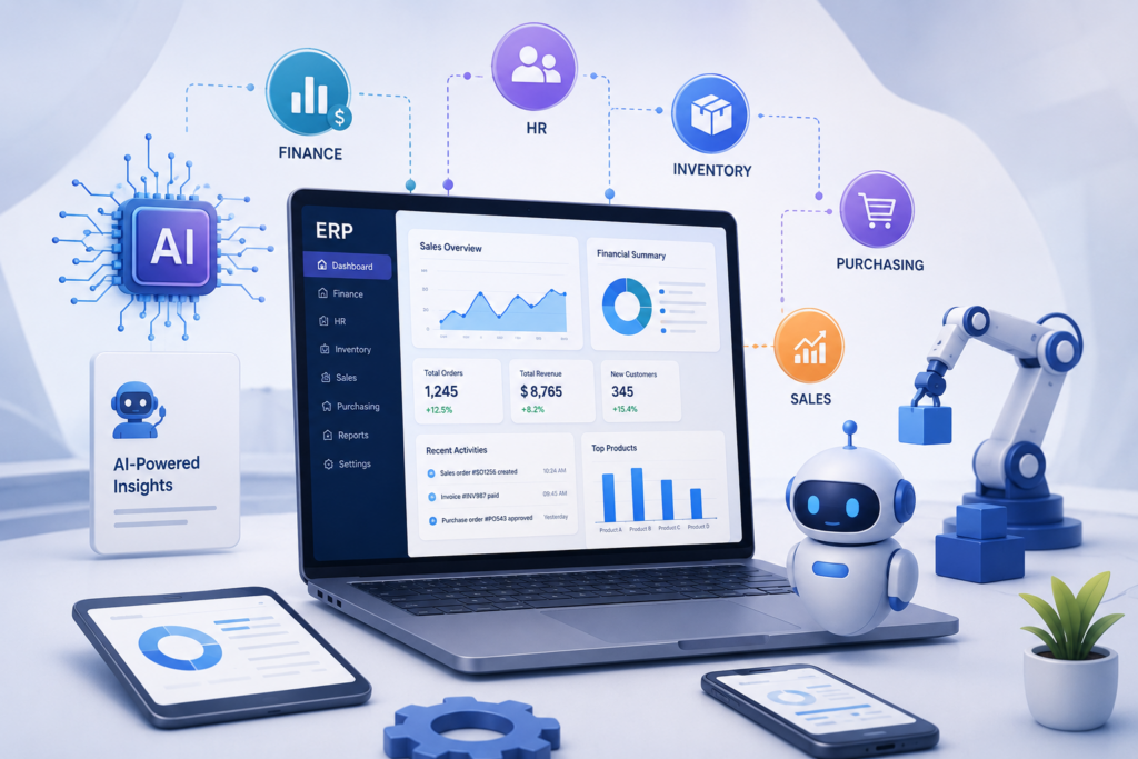 Scrupulous Technology explains how AI and automation in ERP software help businesses manage data, automate repetitive tasks, monitor inventory, identify patterns, and make smarter decisions across finance, sales, HR, purchasing, and customer management.