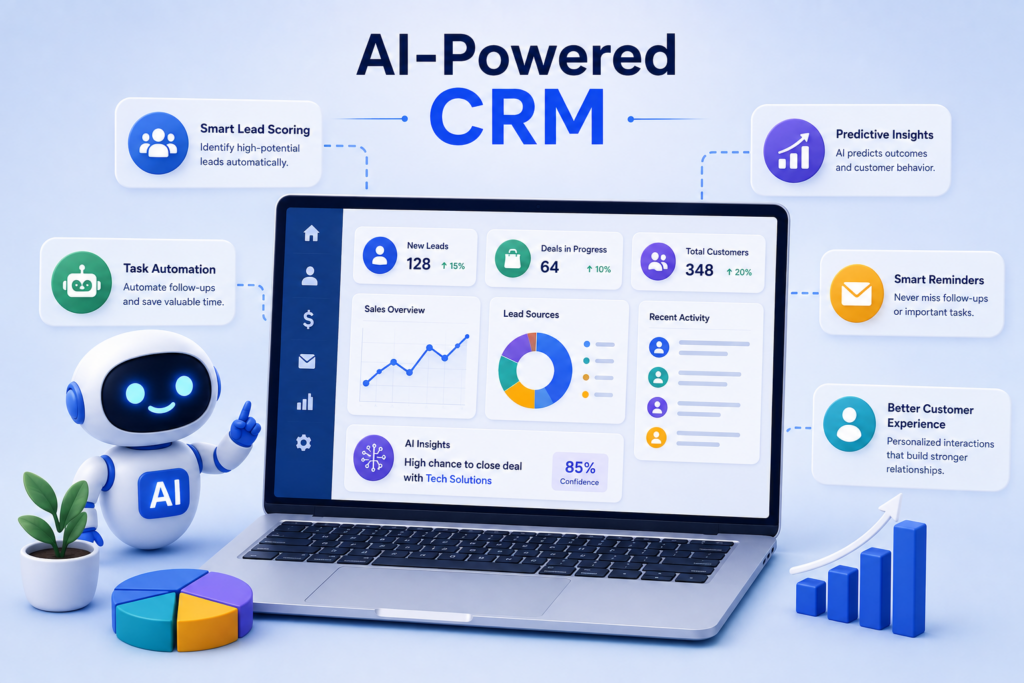 Scrupulous Technology AI-powered CRM concept showing how artificial intelligence helps businesses manage customer data, automate sales processes, improve customer interactions, track leads, personalize communication, and make smarter customer management decisions.