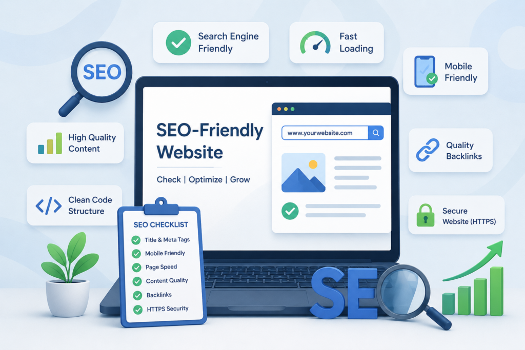 SEO-friendly website practices explained by Scrupulous Technology, highlighting search engine visibility, user-friendly website structure, technical SEO, website performance, and easy ways businesses can improve their online presence and search rankings.