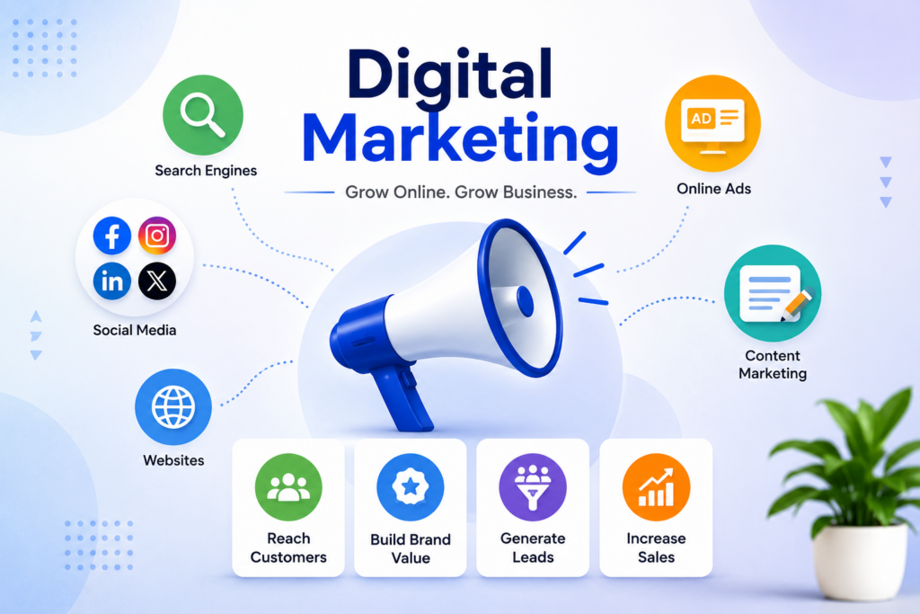 Scrupulous Technology explains digital marketing as the process of promoting businesses and services through online channels such as search engines, social media, websites, online advertising, and content platforms to reach customers, build brand awareness, generate leads, and increase sales.
