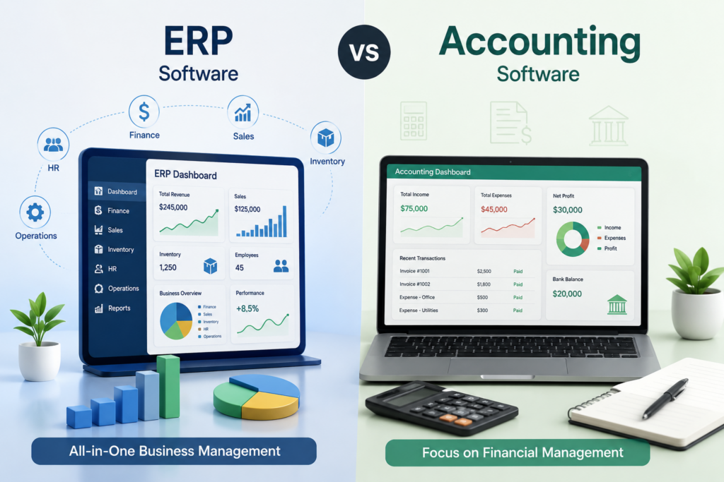 Scrupulous Technology ERP and accounting software comparison showing how ERP systems manage finance, sales, inventory, HR, and business operations in one integrated platform, while accounting software focuses mainly on income, expenses, financial transactions, reporting, and accounting management for growing businesses.