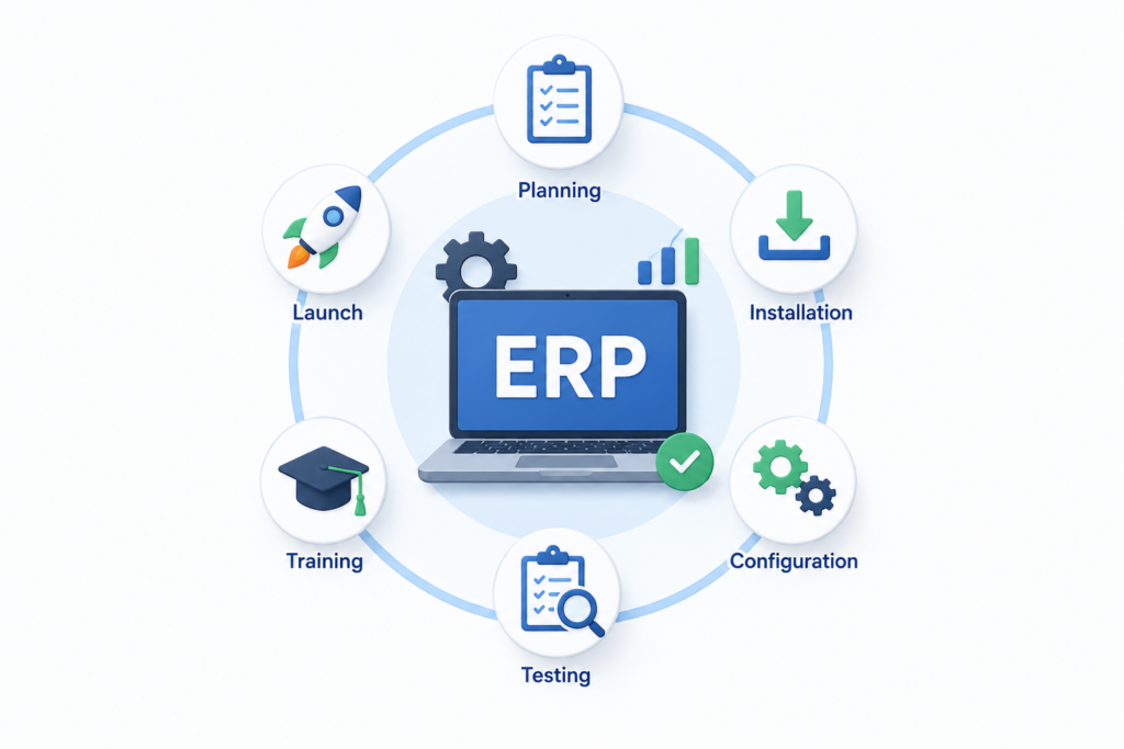 ERP implementation process illustration showing planning, system setup, data migration, employee training, and business automation by Scrupulous Technology.