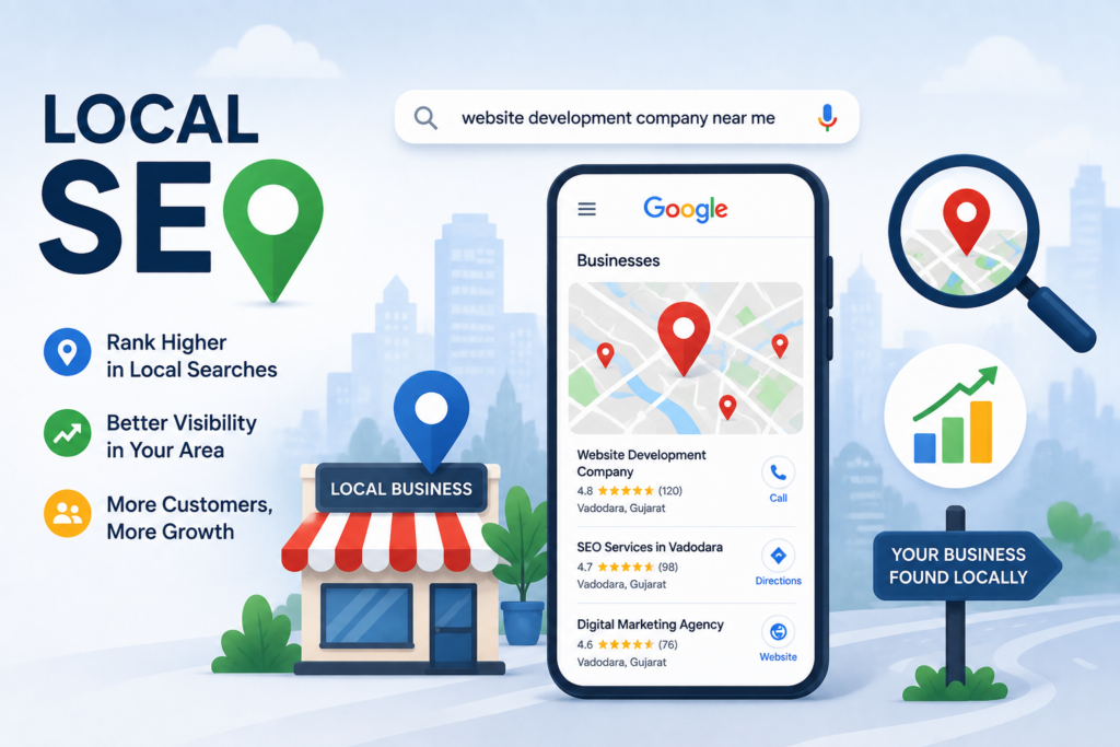 Website speed optimization illustration showing fast loading, performance improvements, SEO benefits and web optimization by Scrupulous Technology.