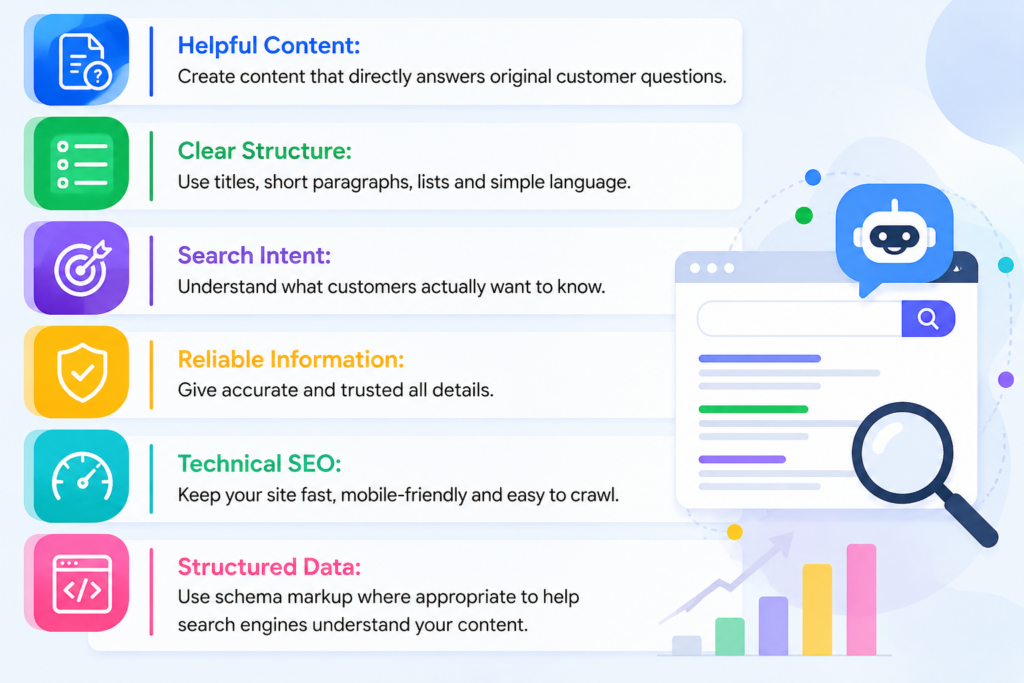AI search optimization infographic by Scrupulous Technology highlighting helpful content, clear structure, search intent, reliable information, technical SEO, mobile-friendly performance, and structured data for better search visibility.