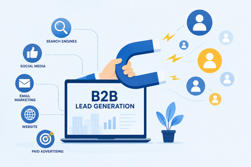 B2B lead generation strategies help businesses attract potential customers through SEO, social media, email marketing, websites, and paid advertising by Scrupulous Technology.