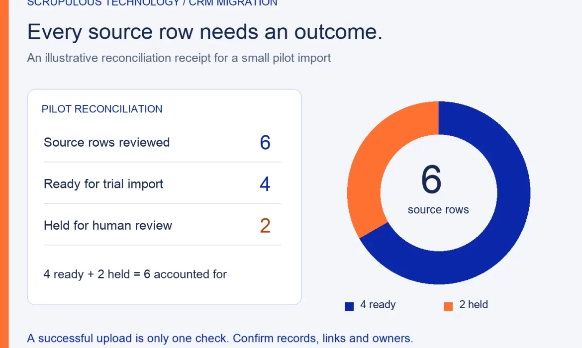 Illustrative CRM migration reconciliation: six source rows accounted for as four ready for trial import and two held for review