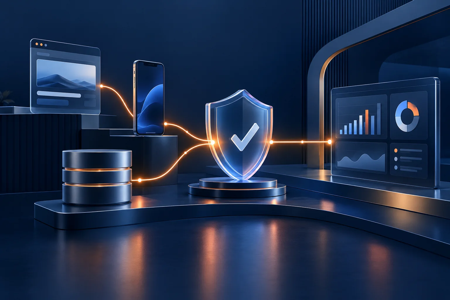 Conceptual illustration of a website, mobile app and business database connected through a consent workflow