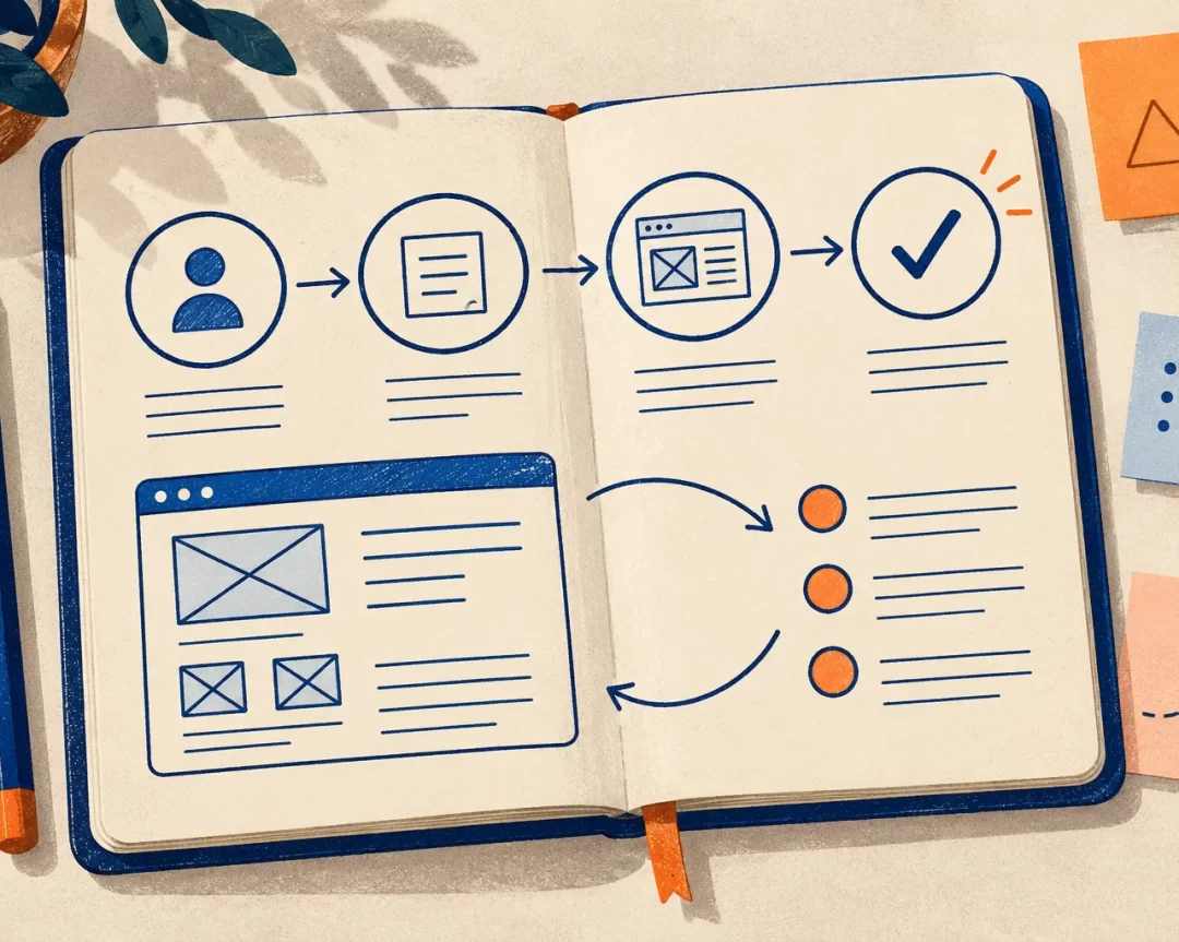 Concept illustration of a notebook with a user journey and software screen sketch