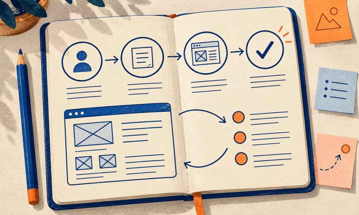 Concept illustration of a notebook with a user journey and software screen sketch