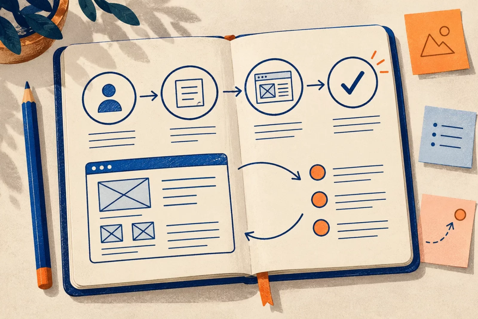 Concept illustration of a notebook with a user journey and software screen sketch