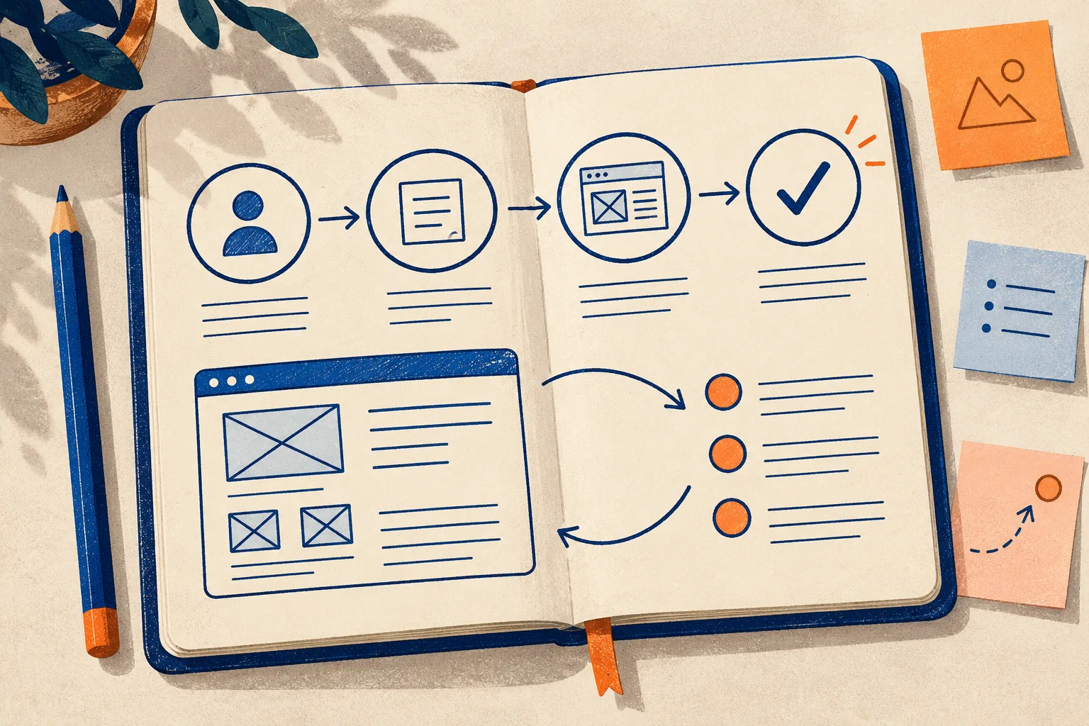 Concept illustration of a notebook with a user journey and software screen sketch