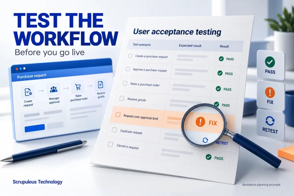 Illustrative UAT evidence sheet showing purchase workflow scenarios, an exception to fix, and pass, fix and retest outcomes.