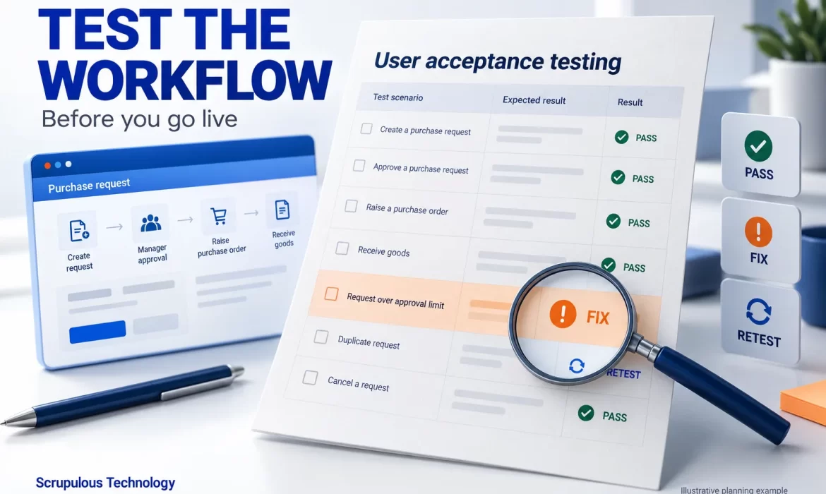 Illustrative UAT evidence sheet showing purchase workflow scenarios, an exception to fix, and pass, fix and retest outcomes.