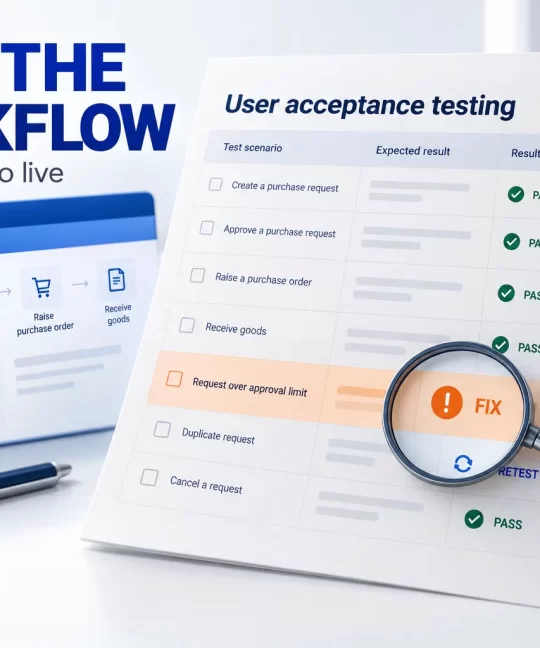 Illustrative UAT evidence sheet showing purchase workflow scenarios, an exception to fix, and pass, fix and retest outcomes.