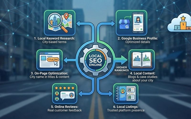 Infographic showing six key local SEO ranking factors optimized by Scrupulous Technology.