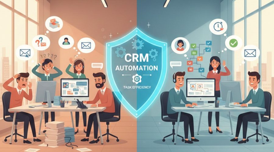 Automated CRM workflow graphic reducing manual business tasks by Scrupulous Technology.