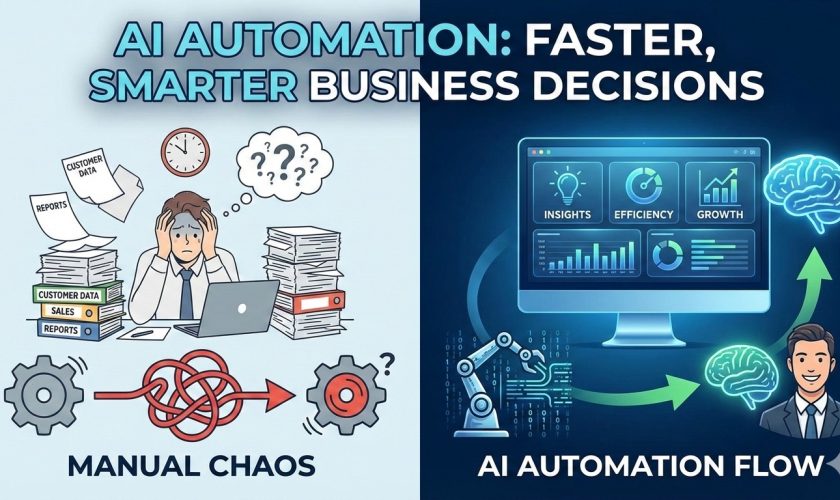 AI automation dashboard visualizing business data for smart decisions by Scrupulous Technology.