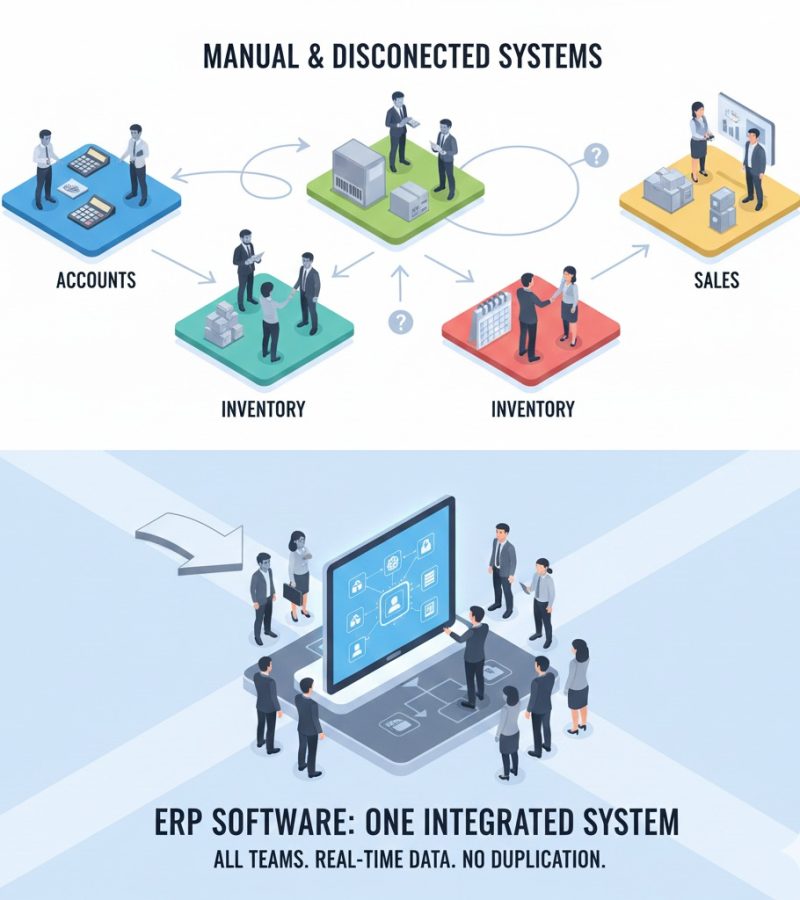 All-in-one ERP system by Scrupulous Technology integrating business functions for real-time efficiency.