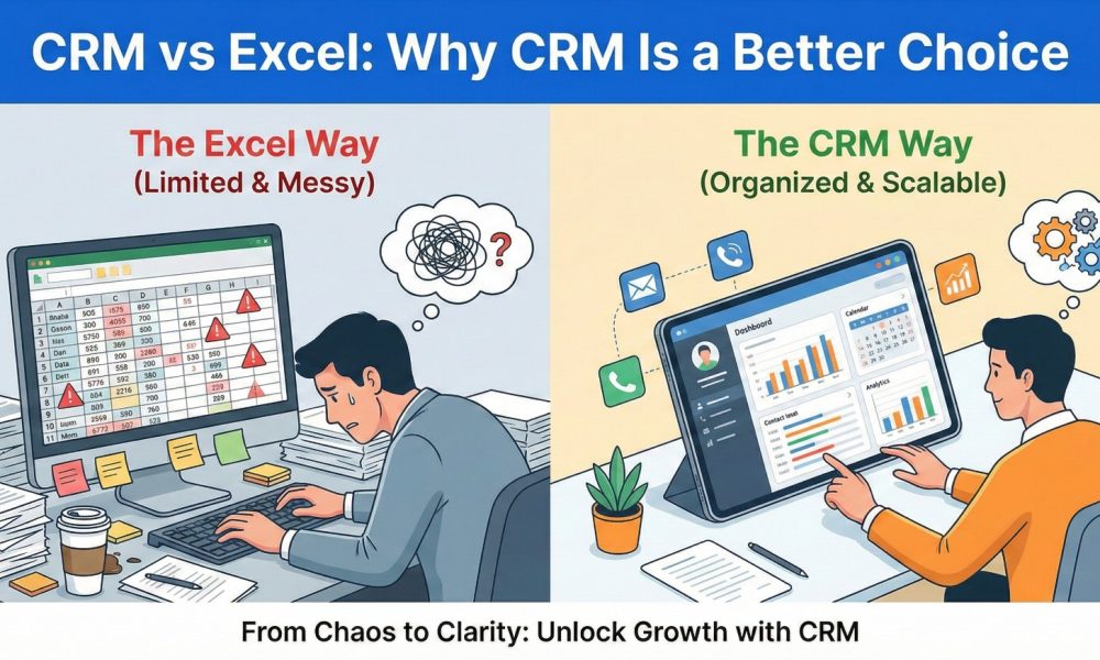 Comparison of messy Excel spreadsheets versus organized CRM software by Scrupulous Technology.