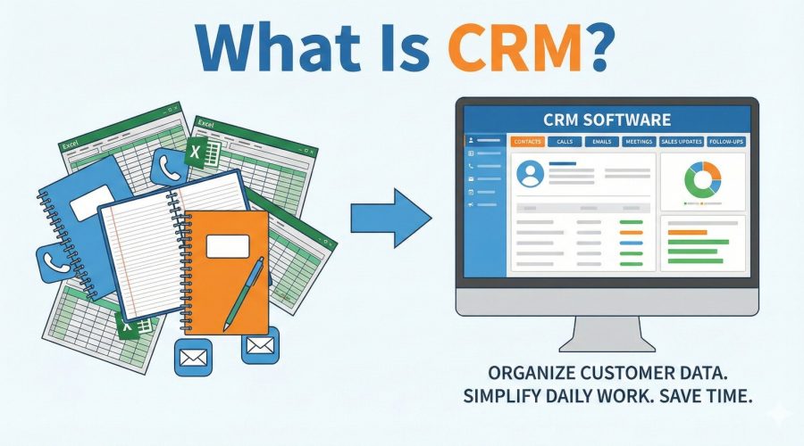 CRM software organizing customer contacts, emails, and sales data into one central system, replacing notebooks and Excel sheets.