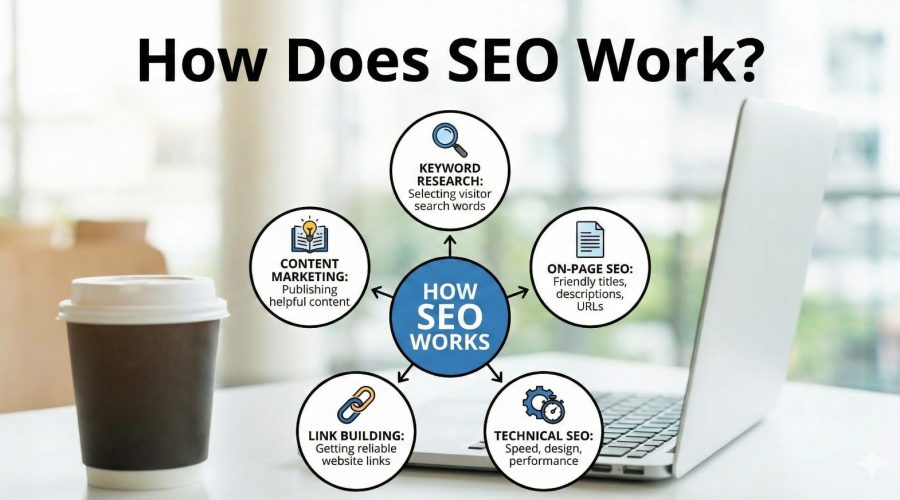 Scrupulous Technology graphic featuring a workspace with an SEO growth chart and the text Boost Your Online Presence & Grow on a computer screen.