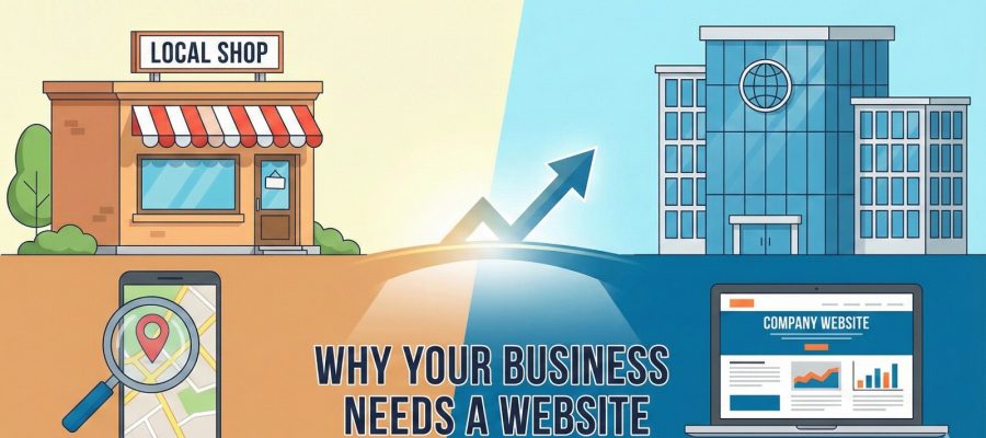 Graphic showing local and modern businesses connected by a website, illustrating why businesses need one. Scrupulous Technology.