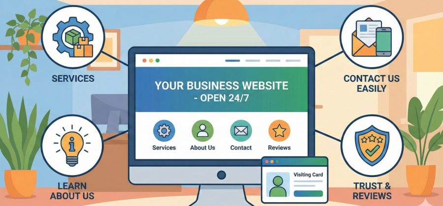 Scrupulous Technology infographic: Computer with business website open 24/7, showing icons for Services, Learn About Us, Contact, and Trust & Reviews.