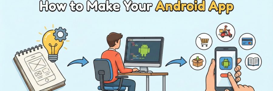 A guide by Scrupulous Technology on how to make an Android app, illustrating the journey from a sketch to a coded app on a phone.