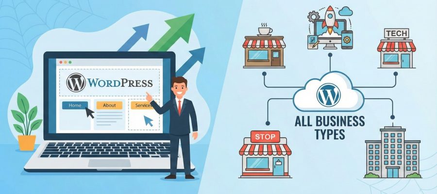 Scrupulous Technology infographic illustrates WordPress as a versatile platform for all business types to achieve growth.