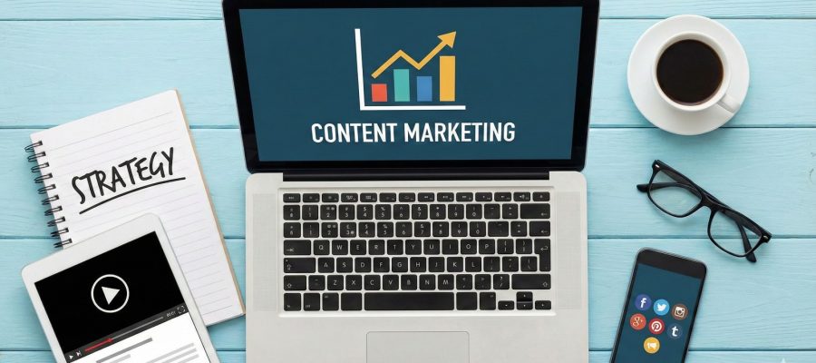 Digital workspace showing content marketing growth charts, representing Scrupulous Technology's expert marketing solutions.