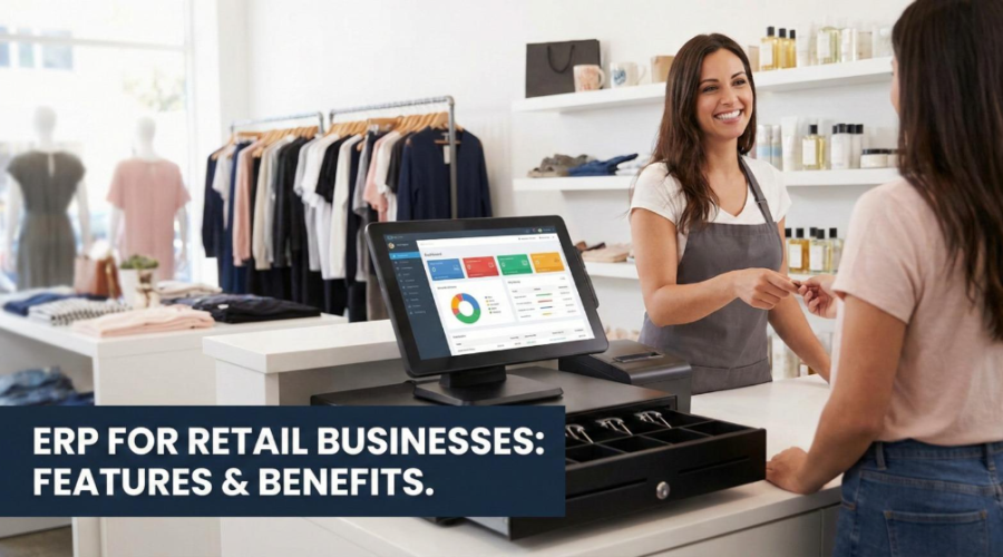 Shop owner managing daily inventory and billing easily using ERP from Scrupulous Technology.